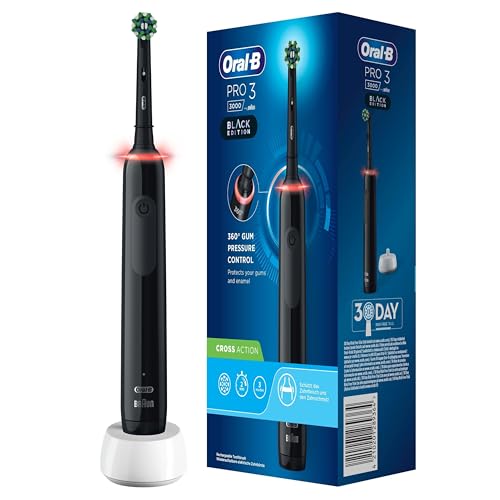 Oral-B Pro 3-3000 - Svart eltandborste, Elektrisk Tandborste, 1 handtag med visuell trycksensor, 1 borsthuvud, Designed By Braun