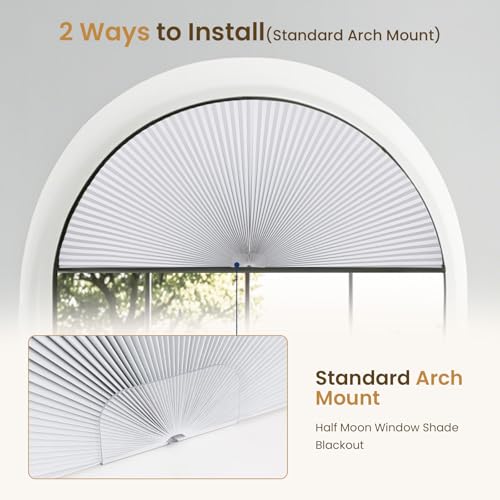 Grandekor No Drill Arch Window Shades Blackout 48" Wx24 H Honeycomb Blinds for Half Circle Windows Room Darkening Kitchen Nursery Living Room Bedroom White