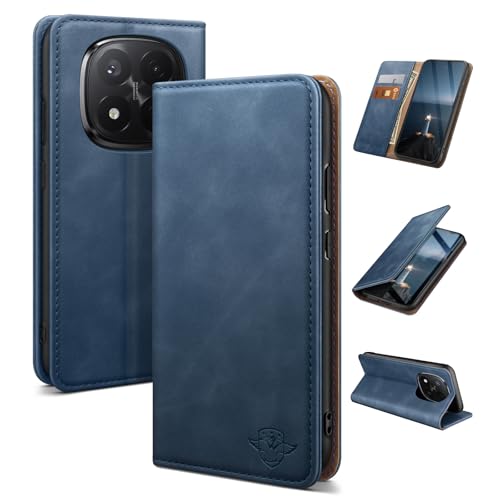 Étui en cuir Redmi Note 14 Pro 5G clapet magnétique haut de gamme bleu