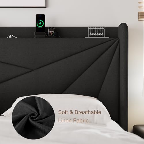 Einhomn Queen Size Upholstered Bed Frame with Charging Station, Platform Bed Frame with Storage Headboard, Solid Wood Slats Support, No Box Spring Needed, Black by Einhomn - Used condition - Image 4