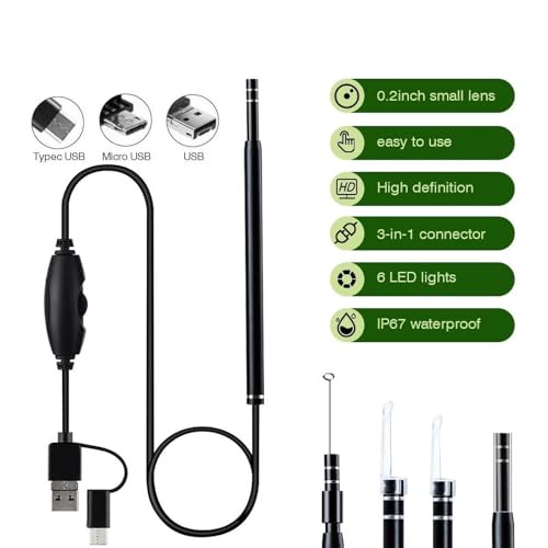 Image of Ear Otoscope, 3 in 1 Ear Endoscope, USB Digital Ear Camera Ear Wax Removal Tool with Waterproof Camera with 6 Adjustable LED Lights for Android Phone Window Mac PC
