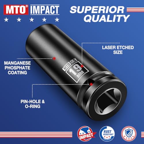 Image of MTO 1 /2 inch Drive 19mm Deep Impact Socket, 6-Point Metric Socket for Automotive Maintaince, CR-V Steel Meets ANSI Standards