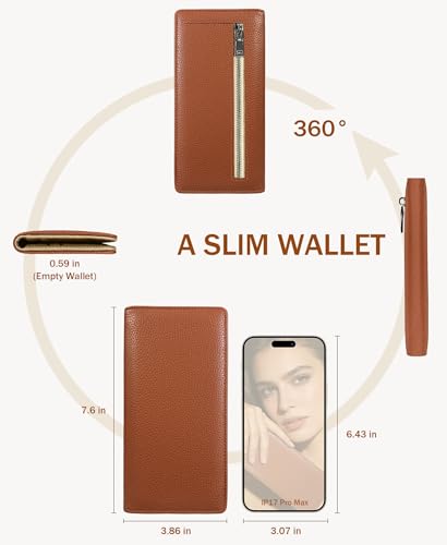Image of Immaturus Caramel Womens Wallet RFID Blocking Slim Thin Credit Card Holder | Long Bifold, 11 Card Slots, Cash Purse, Zipper Coin Pocket, Travel Clutch Billfold, PU Leather, ID Window, Ladies Woman Gift