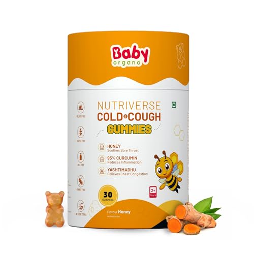 Image of BabyOrgano Nutriverse Cough & Cold Relief Gummies for Kids (2-15 yrs) | 30 Gummies | Relieve Dry Cough, Throat Irritation | Non-Drowsy, Ayurveda Inspired Formula, | Honey Flavor