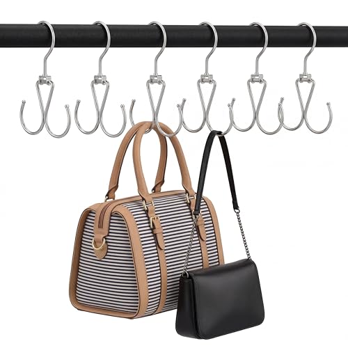 OMHOMETY 6 Pack Purse Hanger for Closet, 12 Storage Capacity Rotatable Purse Hooks, Hanging Backpack Bag Holder, Closet Organizers and Storage, Silver