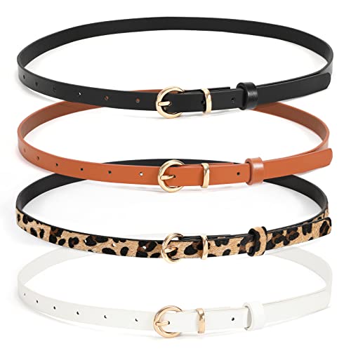 Whippy Set Of 4 Women Skinny Belts Thin Leather Waist Belt With Alloy Pin Buckle For Pants Jeans Dresses, Black/Brown/White/Leopard,Fits Waist 27"-31" #TOP28