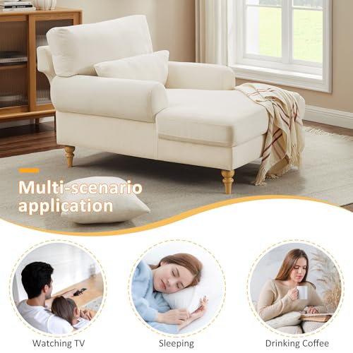 Condemo Modern Chaise Lounge Chair with Adjustable Backrest, Upholstered Indoor Leisure Sofa Recliner, Chair Sleeper for Bedroom, Living Room, Study Room, Office, Beige White - Thumbnail 7