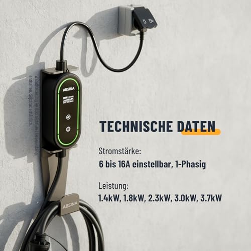 Type 2 Electric Car Charging Cable with Adjustable Charging Power - 3.7kW 16A Single-Phase IP67 Electric Car Charger with 6 m Cable - Type 2 Electric Car Charger