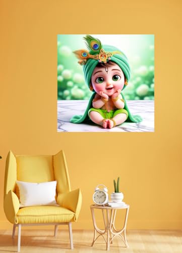 Image of Baby Green Krishna Feather Wall Poster for Pooja Room, Office, Kids Room (Size- 46CM X 46CM)