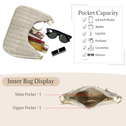 Image of Beach Purse Straw Shoulder Bag for Women, Summer Purse with Shell Pearl Bag Charms & 2Pcs Detachable Strap Chain