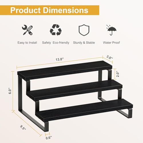 Image of 3 Tier Wooden Spice Rack for Kitchen Countertop -Step Shelf Organizer for Spices, Jars & Condiments | Metal Frame Wood Shelf For Counter Storage - Black (35 x 24 x 15 cm)