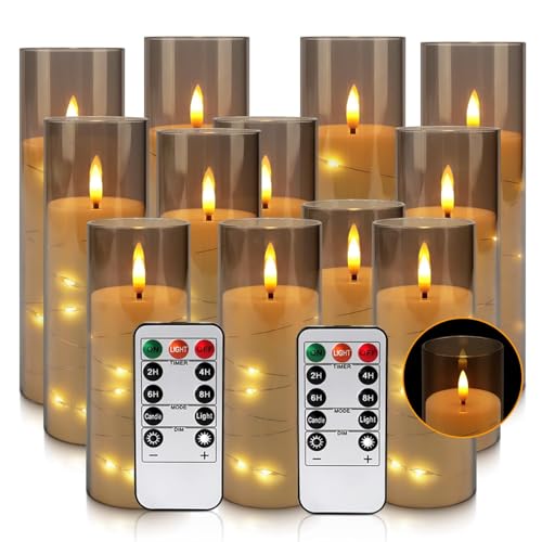 Image of 12-Pack Gray Acrylic Flameless LED Candles with Embedded String Lights - Remote Control for Holiday & Home Decor,Wedding.