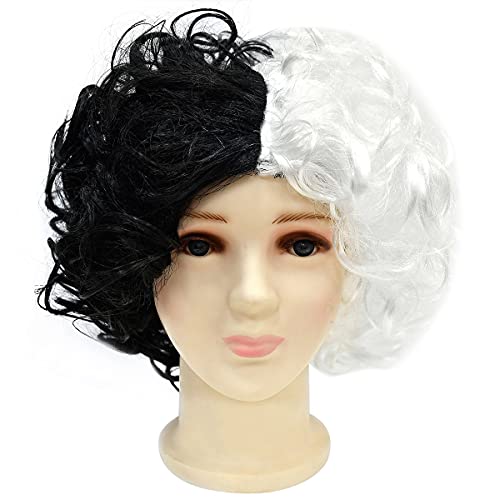Kids Girls Cruella Deville Costume 101 Dalmatian Dog Dress Halloween Carnival Cosplay Fancy Dress Up Party Movie Character Birthday Gown+Wig+Gloves+The Pole 5Pcs Outfit White-Long Sleeve 7-8 Years #TOP3