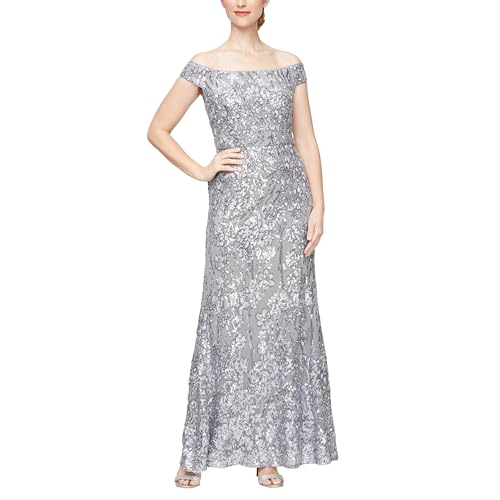 Image of Alex Evenings Women's Long Off The Shoulder Gown with Front Slit and Maribou Detail, Formal Party Dress