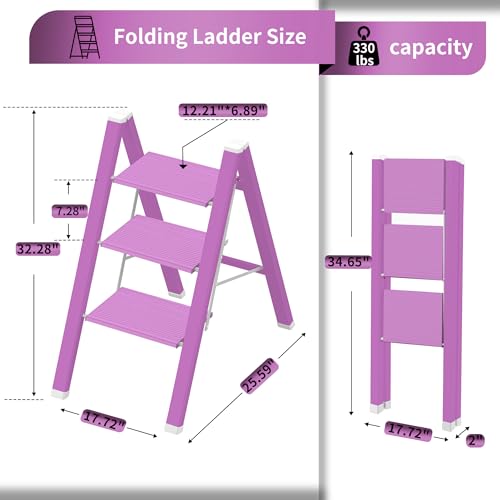 3 Step Lightweight Folding Ladder for Home, 330lbs Aluminum Step Ladder Anti-Slip for Kitchen, Step Stool Foldable Adults for Closet, 330lbs - Light Purple — view 2