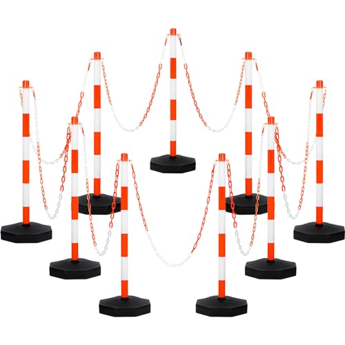 Amylove 9 Packs Traffic Delineator Post Cone with Base, Traffic Cones Safety Cones Caution Cones Plastic Stanchion Chain Safety Barriers with 6.6 Feet Link Chain and S Hooks for Parking Lot (Orange)