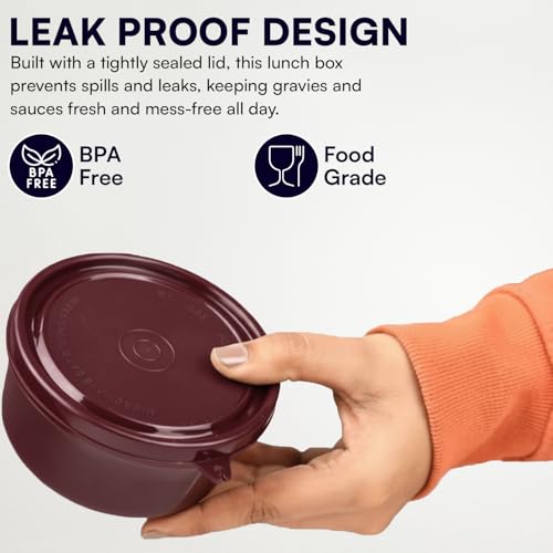 Image of PRESCO Stainless Steel Teso Container Set | Microwave Safe and Dishwasher Safe Food Storage Bowls with Airtight Lids | Leak-Resistant Lunch Bowls (Set of 3) (Mehroon)