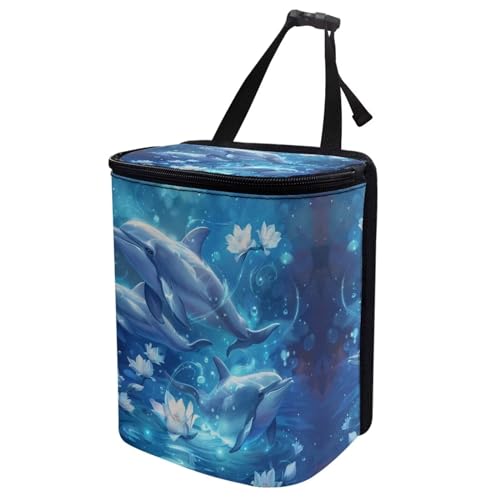 Image of DISNIMO Floral Dolphin Car Trash Can with Lid Leakproof Dustbin Vehicle Trash Bin, Portable Garbage Bin for Automotive Car, Home, Office, Kitchen, Bedroom
