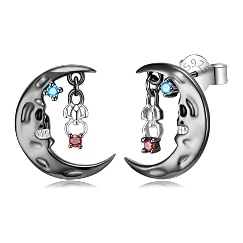 AIEGNOS Skull Earrings for Men Women, 925 Sterling Silver Black Gold Plated Skull Stud Earrings Gothic Jewelry for Unisex Halloween Birthday Mothers Day Gifts, Crescent Skull Cover