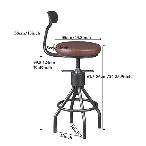 BOKKOLIK Industrial Bar Stools | Set of 2 | Swivel Pu Leather Seat | Kitchen Island Dining Chairs | Office Guest Stool | Counter Bar Height Adjustable | 24-34inch | with Backrest