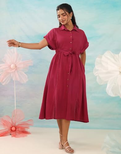 Image of Amazon Brand - INKAST Women Wide Shirt Collared Solid A -line Bottun Down Maxi Dress with Tie Belt | Flared Short Sleeve Summer Outfits | 100% Cotton | Casual Wear | One Piece