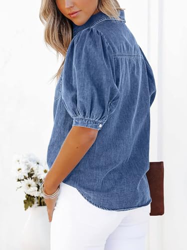 CHARTOU Women's Casual Washed Distressed Puff Sleeve Denim Snap Button Shirt Jean Jacket Coat3