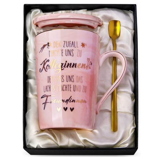 Abschied Kollegin Geschenk, 400ml Rosa Marmor Kollegin Tasse mit Golddruck, Beste Kollegen Wertschätzung Geschenke zum Geburtstag Abschiedsgeschenk, Becher mit Deckel, Grußkarte, Löffel, Geschenkset