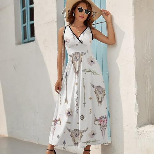 Robe maxi col V décontracté style rétro tête de mouton imprimé été - 2