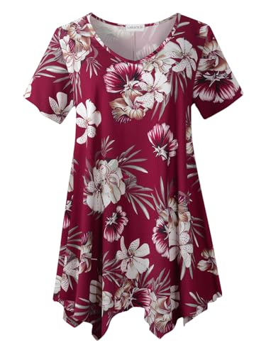 LARACE Floral Tops for Women Blouses Plus Size V Neck Shirts Short Sleeve Irregular Summer Clothes Loose Flower Tees(A-Wine Red18 2X)