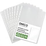 SMCO 100 x A4 Plastic Punched Poly Pockets Sleeves Clear Low Glare – Heavy Duty Polly Top-Loading Document Wallets for Ring Binders, Lever Arch Files, Office, School & Home Filing