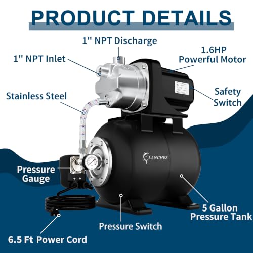 Image of Lanchez 1.6HP Shallow Well Garden Pump, Stainless Steel Irrigation Pump, 1340 GPH, Automatic Water Booster Jet Pump for Home, Garden, Lawn,Irrigation, 115V, Matte black