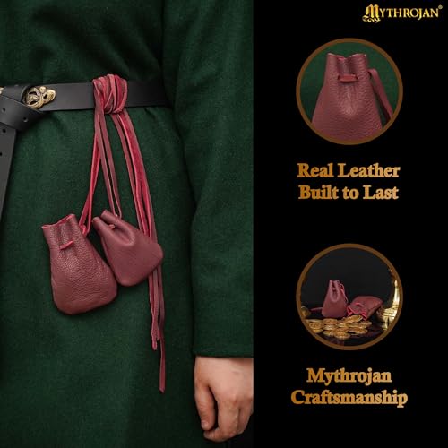 Image of Pack of 2 Mythrojan Small Trinket Pouches Suede Leather Drawstring Coin & Dice Bags for LARP, SCA, Viking & Medieval Events, Color : Dark Wine Red