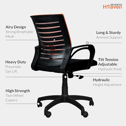 Image of Seventh Heaven Bolt Mid Back Revolving Office Chair for Work from Home, Study, and Computer Use | Heavy Duty Base | Ergonomic Mesh Design | Durable & Comfortable Seating (Orange Mesh)