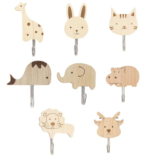 JazRvr 8 Stück Holztier Garderobenhaken Kinder, Kindergarderobe Haken mit Klebefunktion, Wandhaken für Kinderzimmer, Kleiderhaken in Tierform, Garderobenleiste