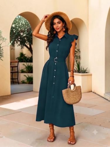 Image of OOMPH! Women's Shirt Midi Dress | Ruffle Sleeves | Button-Down Front | Waist Belt Detail | Collared Neck Casual & Vacation Dress