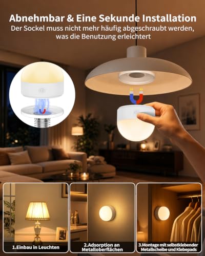 Suright Wiederaufladbare Glühbirne mit Batterie, 3 Farben Dimmbare Abnehmbare Akku Glühbirne mit Fernbedienung und Timing für Nicht… – Ansicht 2