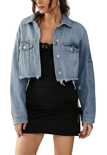 FairBeauty Women's Washed Distressed Denim Jacket Long Sleeve Ripped Button Up Cropped Jean Jacket