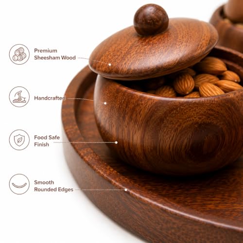Image of Wooden Dry Fruit Serving Tray with 3 Lidded Bowls | Premium Sheesham Wood Snack Serving Set | Dry Fruit Container Set with Tray | Mukhwas Box | Chocolate & Candy Serving Tray | Handmade Gift