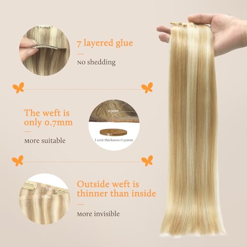 Image of DOORES Clip-in Hair Extensions, Dark Blonde Highlighted Bleach Blonde 80g 7pcs 12 Inch, Seamless Clip-in Real Human Hair Skin Weft Straight Invisi Edge Extensions