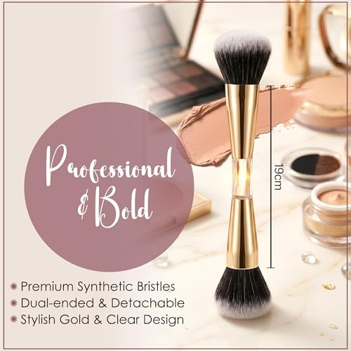 Image of GLUN 4in1 Makeup Brush Set, (2 Mini & 2 Big) Dual-Ended Soft Bristle Beauty Brushes Golden Chrome Finish with Elegant Flawless Face & Powder Application