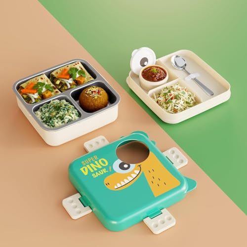 Image of Kids Stainless Steel Lunch Box for School, 1120ml Bento Lunch Box with 3 Compartments, Leak Proof Sauce Container, Spoon, BPA Free Insulated Tiffin Box, Dinosaur Lunch Box for Boys Girls,Green