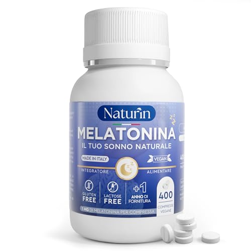 Melatonina Forte e Pura 400 Compresse (1 Anno), Integratore Vegano Rilassante, 1 mg per compressa per un sonno naturale e profondo, ideale per ridurre l'insonnia e lo stress by NATURIN