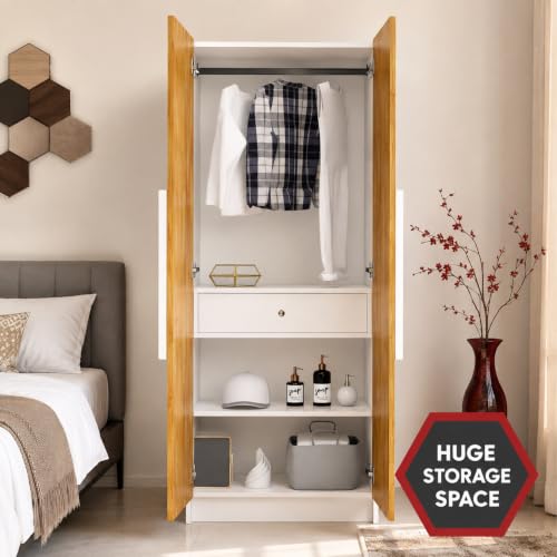Image of Bniture 2 Door Wardrobe for Bedroom | Almirah for Clothes with 4 Shelves | Spacious Storage Cupboard for Bedroom | Wooden Wardrobe (46D x 80W x 182H CM) | 3 Years Warranty | Frosty White & Giant Wood