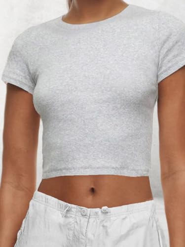 AnotherChill Women's Short Sleeve Crew Neck T-Shirts Ribbed Cotton Crop Top Y2K Summer Going Out Tops Baby Tee Outfits 20244