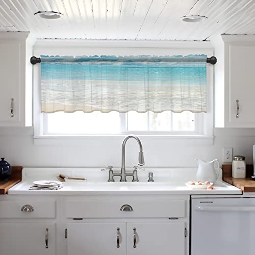 Lusweet Chiffon Window Valances Semi-Sheer Blue Sky And Sea Beautiful Beach Curtain Valance Blue Ombre Waves Rod Pocket Window Treatment Voile Drape For Small Window Kitchen Cafe 54X18 Inch #TOP4