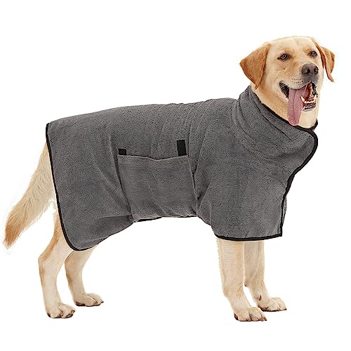 HezzLuv Bademantel für Hunde, Hundebademantel aus Mikrofaser für mittlere und große Hunde, super saugfähiger Haustier Trockenmantel, ganzjahres schnell trocknendes Hundehandtuch (Grau,M)