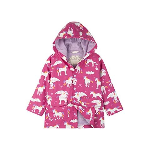 Hatley Girls' Little Button-Up Printed Rain Jacket, Rainbow Unicorns, 4 Years Cover