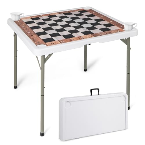 COSTWAY Mesa de Ajedrez Plegable, Mesa de Cartas Cuadrada con Tapete Desmontable y 4 Soportes para Vasos, Tablero de Plástico Portátil con Asa de Transporte para Fiestas, Picnic, Camping, 90x90x74 cm