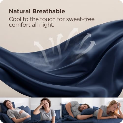 Image of Bedsure PureWoven Full Size Fitted Sheet, 100% Rayon Derived from Bamboo | Cooling Bottom Sheet for Hot Sleepers, Breathable & Soft, Deep Pocket Up to 18 inch, Secure Elastic Corner Straps, Navy