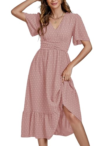 Image of LYANER Women's Boho Maxi Dress Long Sleeve V Neck Swiss Dot High Waited A-Line Ruffle Tiered Chiffon Long Dresses